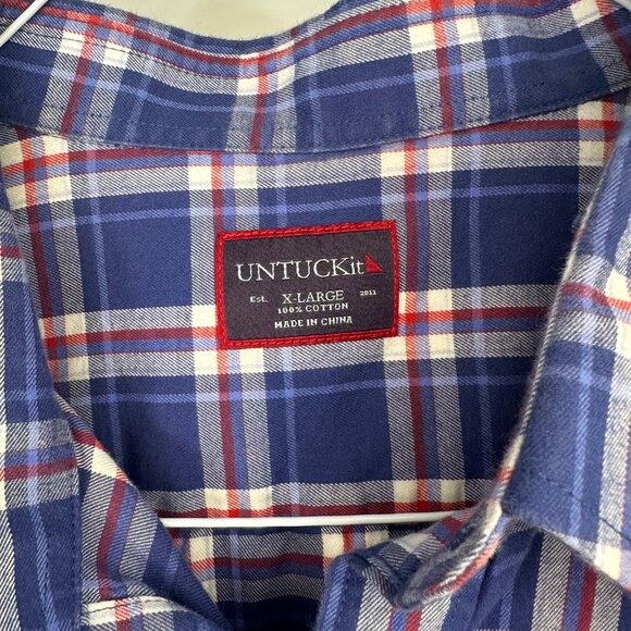 Untuckit 100% Cotton Men's Plaid Button Down Long Sleeve Shirt Blue/Red XL - Picture 2 of 7